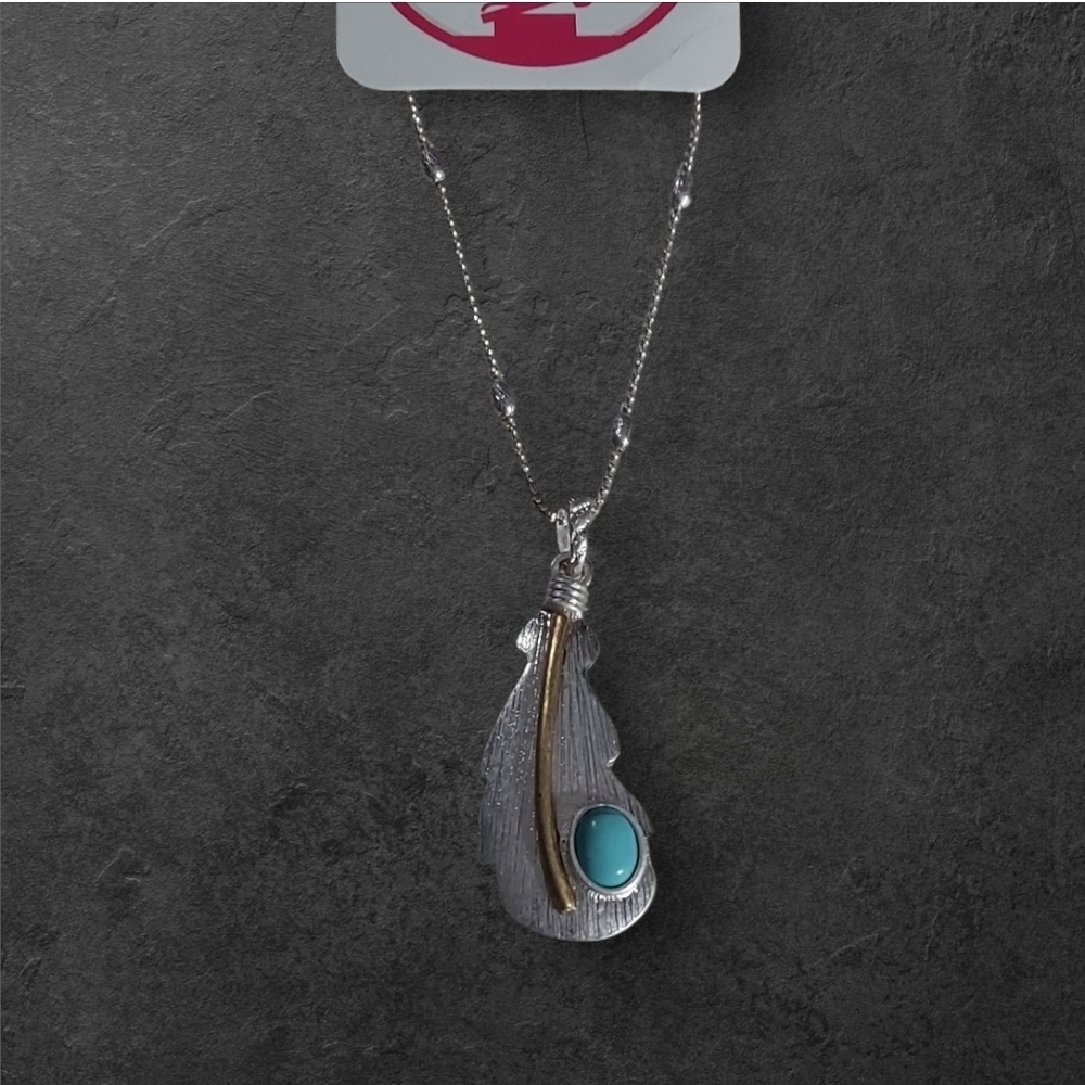 Nwt Nadinewest Silver And Gold Leaf Necklace With Turquoise Accent ~20